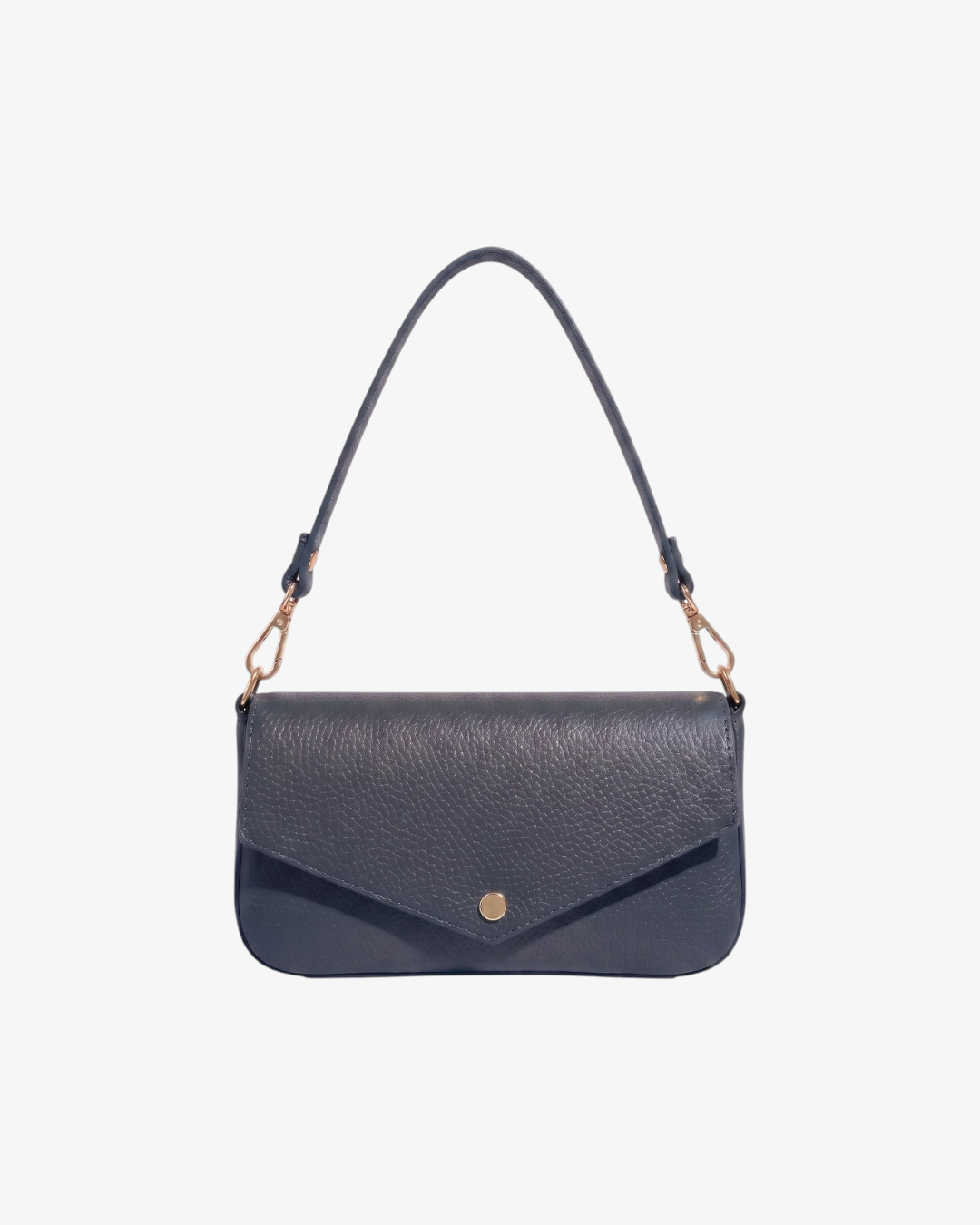 Sac baguette HELLES en cuir bleu marine grainé avec anse amovible et fermoir pression doré, style minimaliste chic.