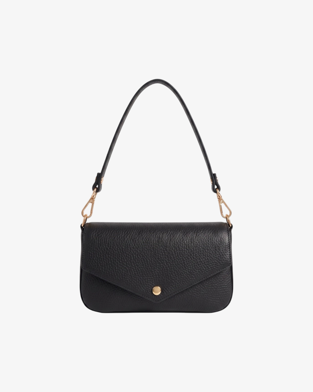Sac baguette HELLES noir en cuir grainé avec anse amovible et fermoir pression doré, design minimaliste italien.