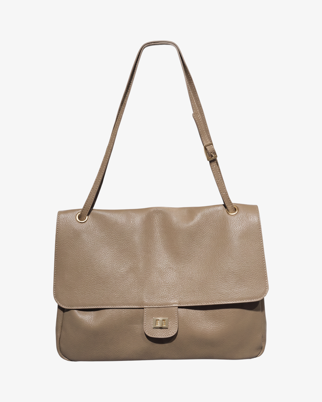 Sac à main HELLES Charlie en cuir grainé taupe avec bandoulière réglable et fermoir doré élégant