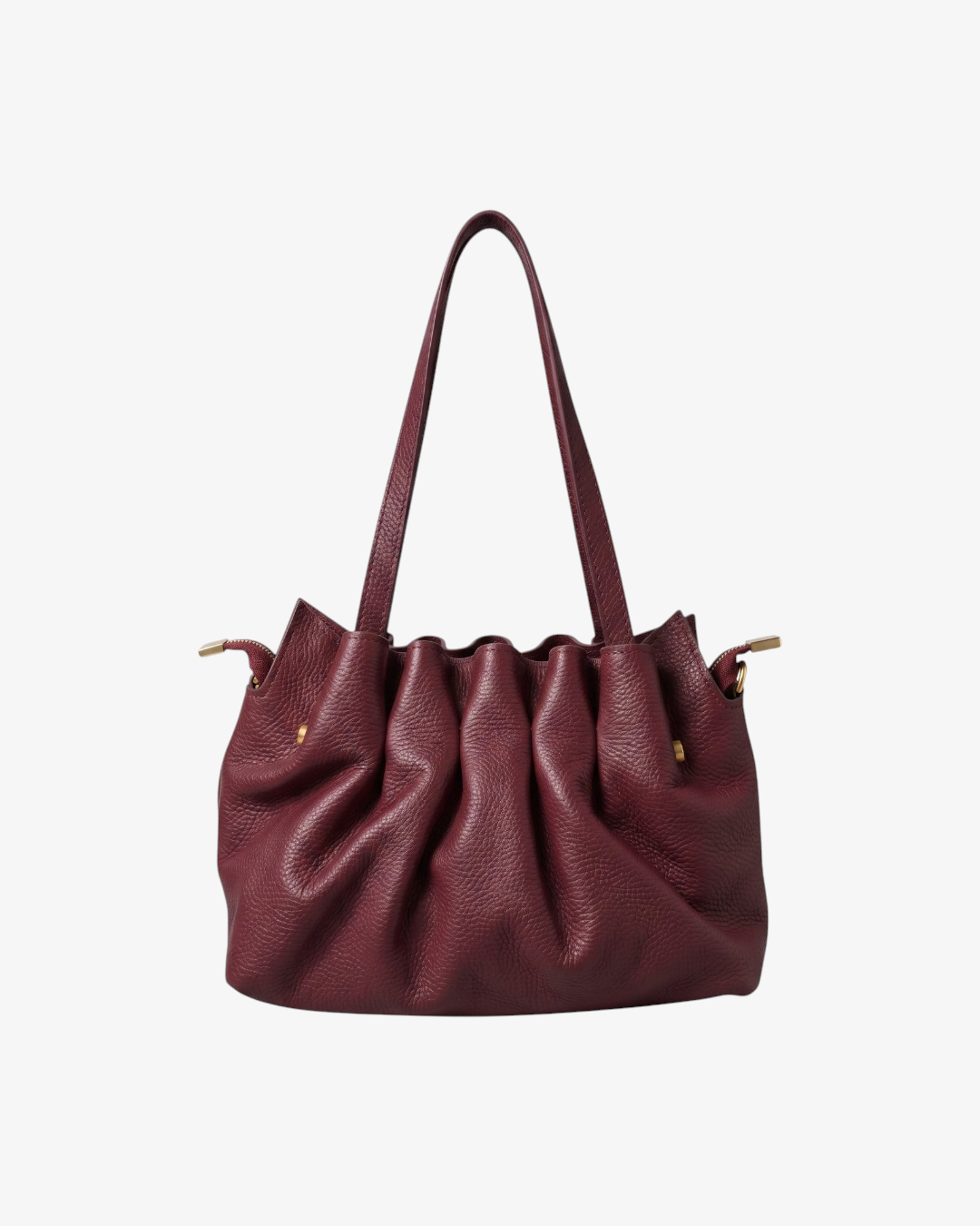 Sac à main HELLES Ondine bordeaux en cuir grainé souple avec détails plissés et anses pour porté épaule