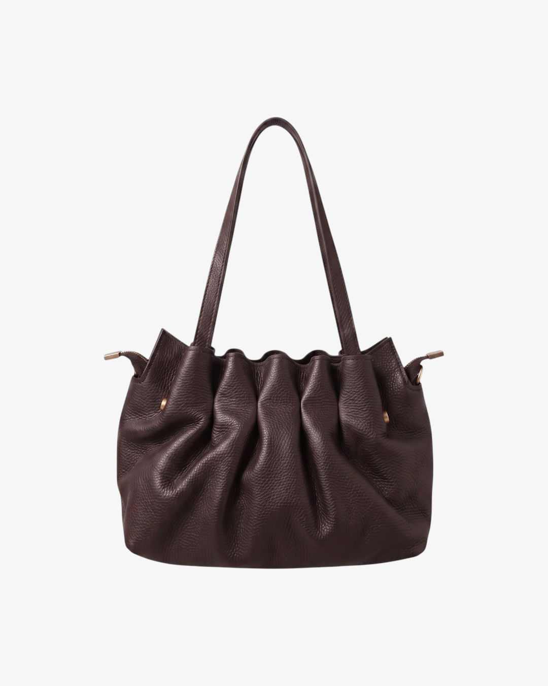 Sac à épaule HELLES Ondine en cuir grainé chocolat avec plis souples et détails métalliques dorés