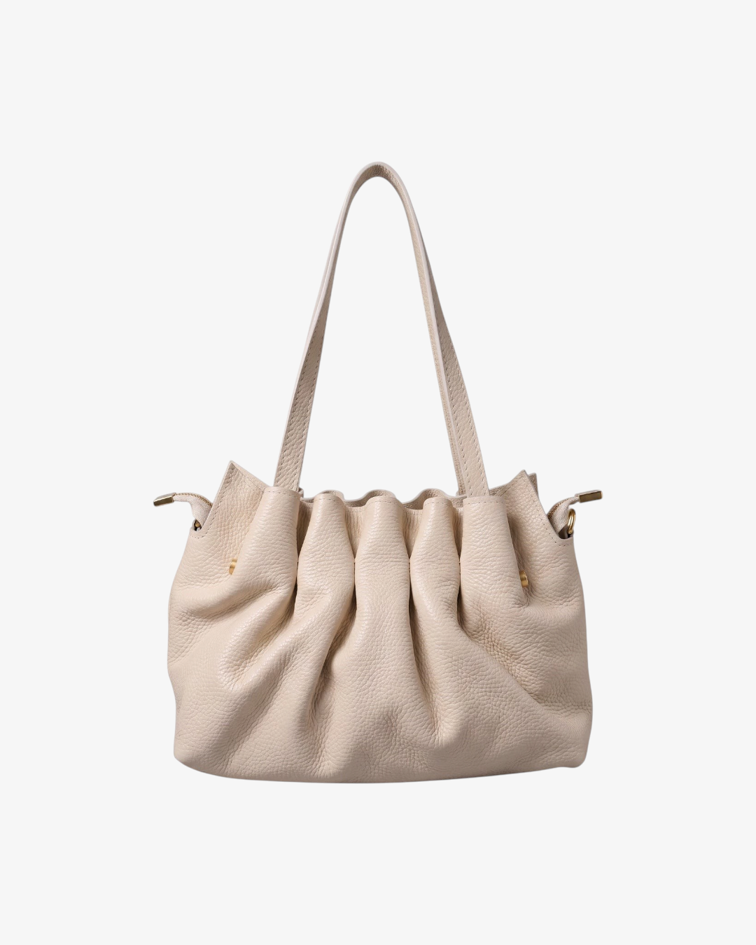 Sac à épaule HELLES Ondine en cuir grainé écru avec plis décoratifs et détails métalliques dorés