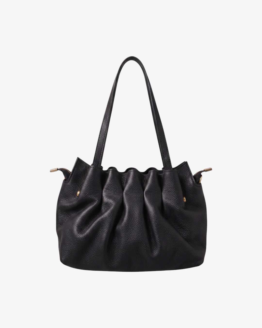 Sac à main HELLES Ondine noir en cuir souple avec plis décoratifs, anses longues et détails métalliques dorés