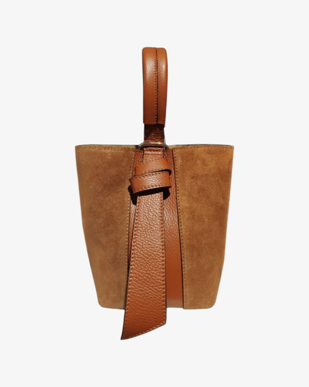 Sac seau HELLES Camilla en daim marron avec anse rigide et détail de lanière en cuir grainé