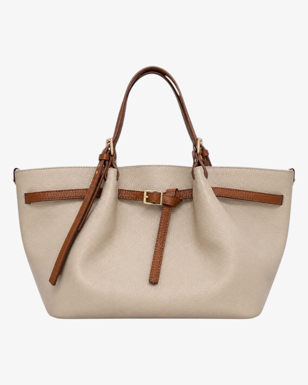 Sac cabas HELLES Siena en cuir beige et anses marron avec boucle dorée et forme trapèze élégante