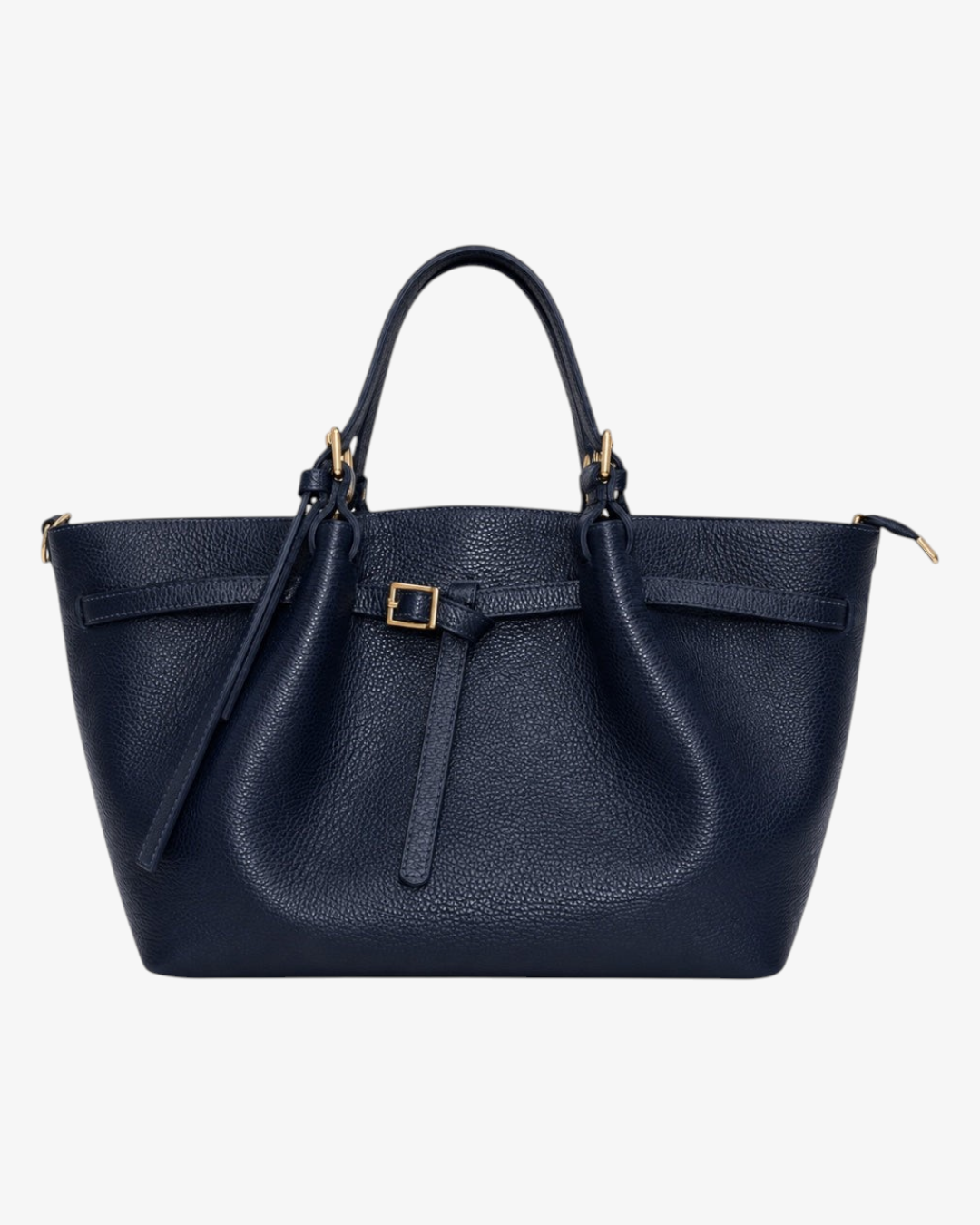 Sac cabas HELLES Siena en cuir bleu marine grainé avec anses et bride décorative à boucle dorée