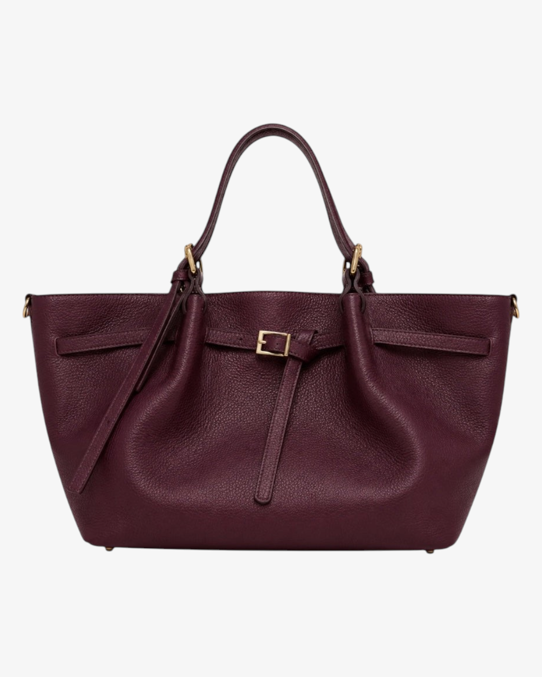 Sac cabas HELLES Siena en cuir grainé bordeaux avec forme trapèze, anses et détails de boucle dorée