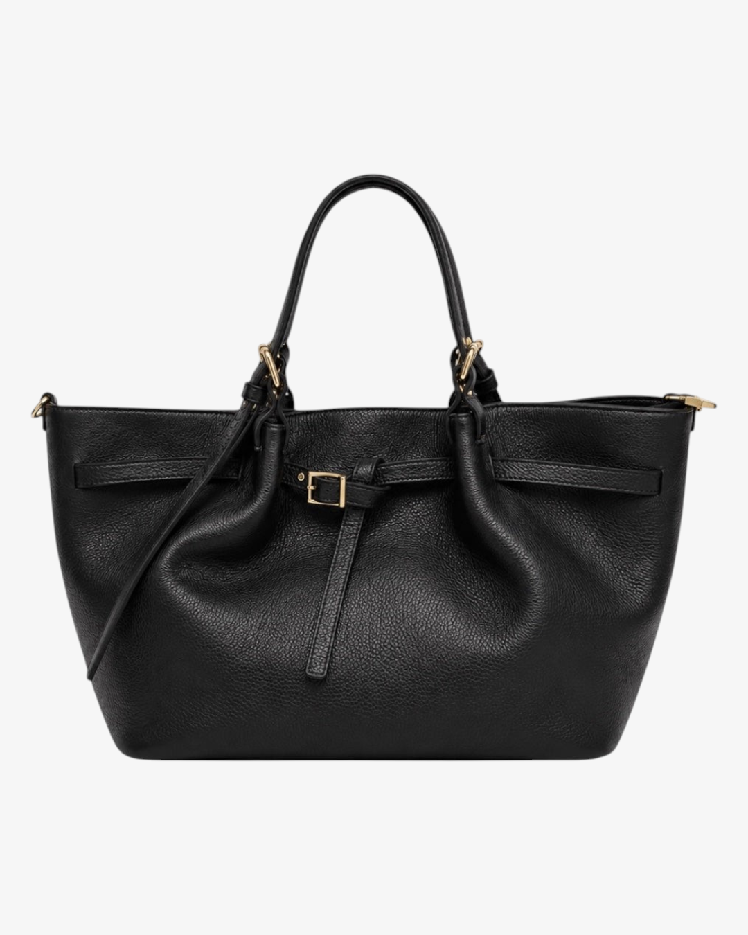 Sac cabas HELLES Siena en cuir noir grainé, forme trapèze avec anses et détails de boucle dorée sur le devant.