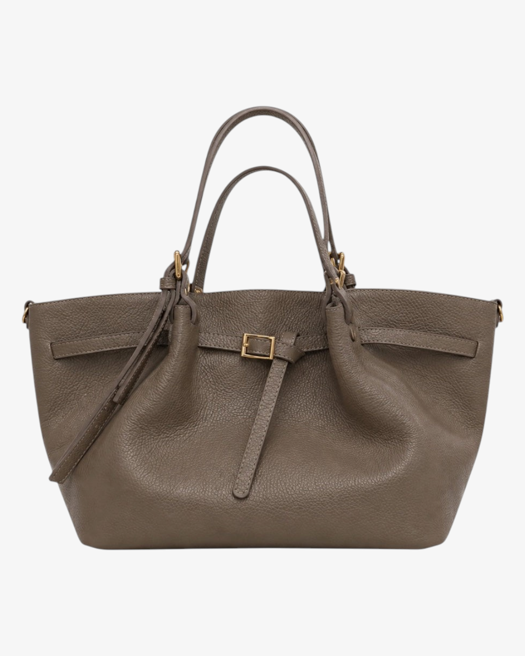 Sac HELLES Siena en cuir grainé taupe, forme trapèze avec anses et détail de bride à boucle dorée.