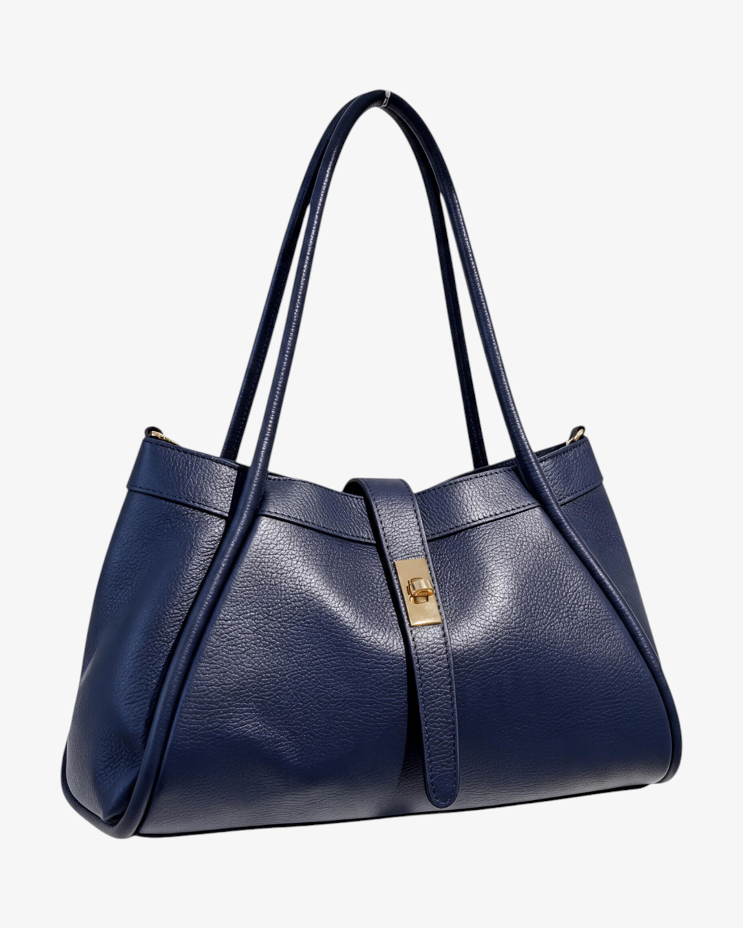 Sac à main HELLES Vicky en cuir grainé bleu marine avec fermoir doré et anses, fabriqué en Italie