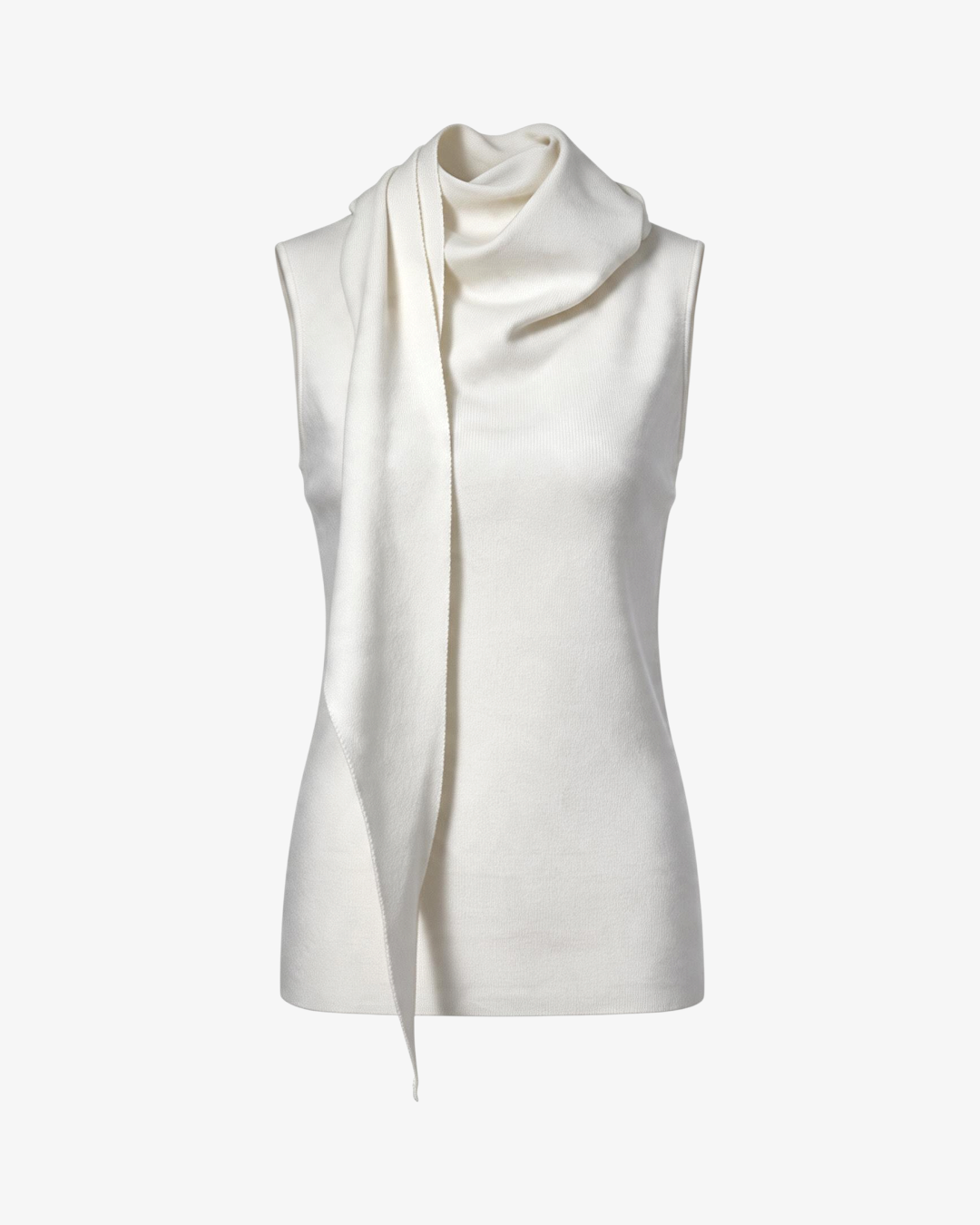 Top Camille HELLES sans manches en maille fine blanc cassé avec col drapé élégant