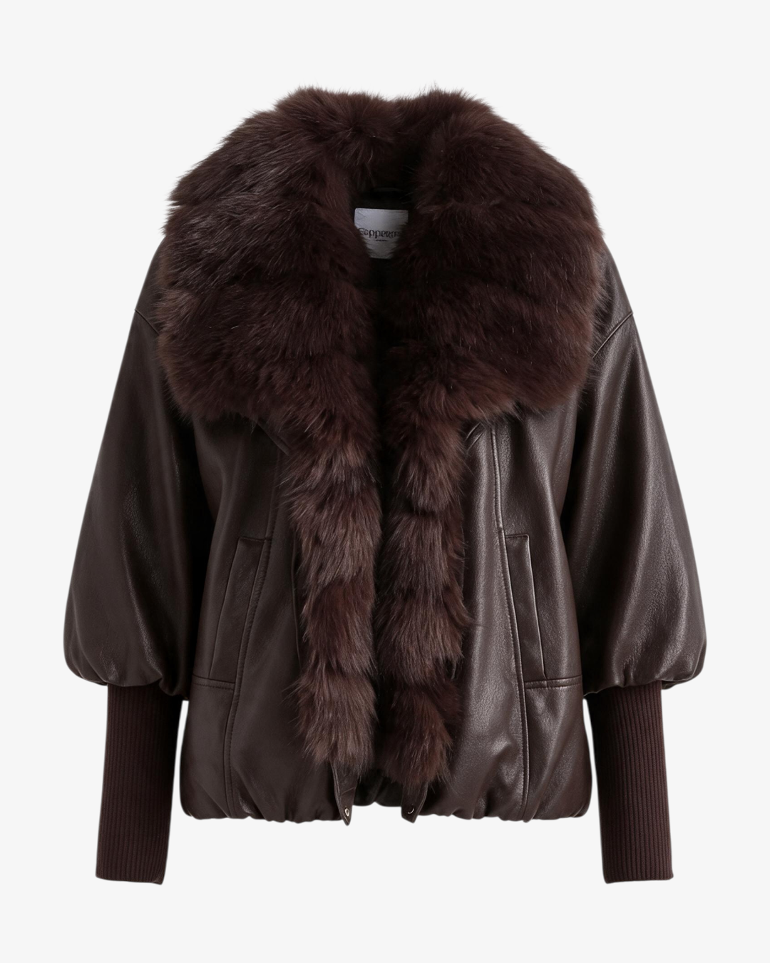 Veste Aspen HELLES en cuir marron avec col en fourrure volumineux et manches bouffantes à bords-côtes
