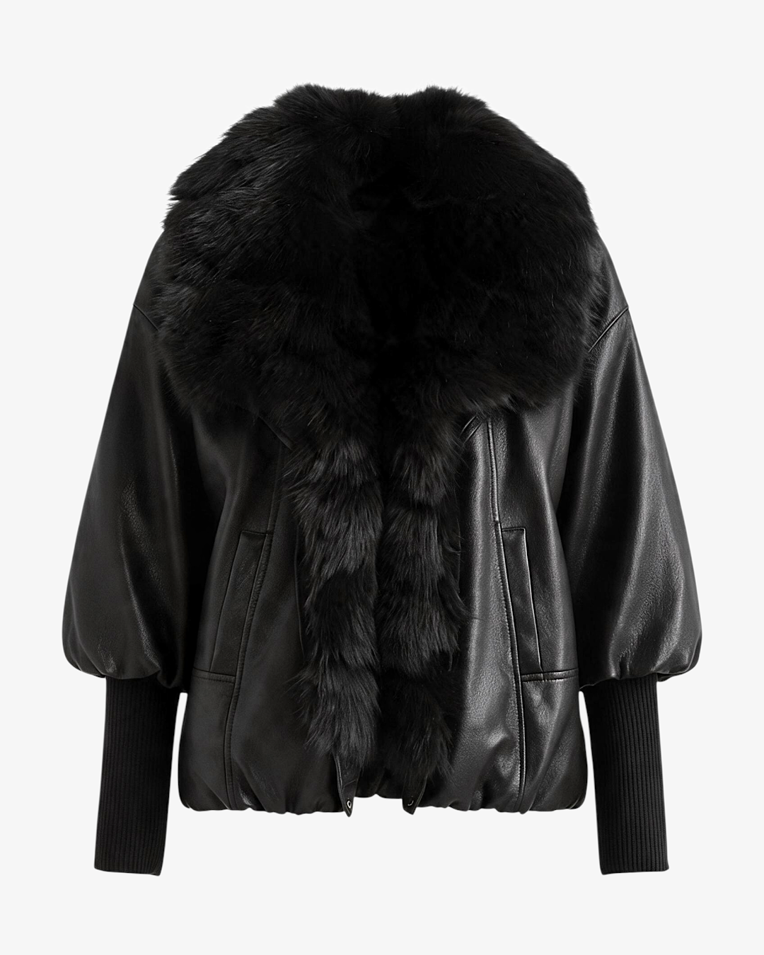 Veste Aspen HELLES noire en cuir avec col en fourrure volumineux et manches bouffantes à bords côtelés