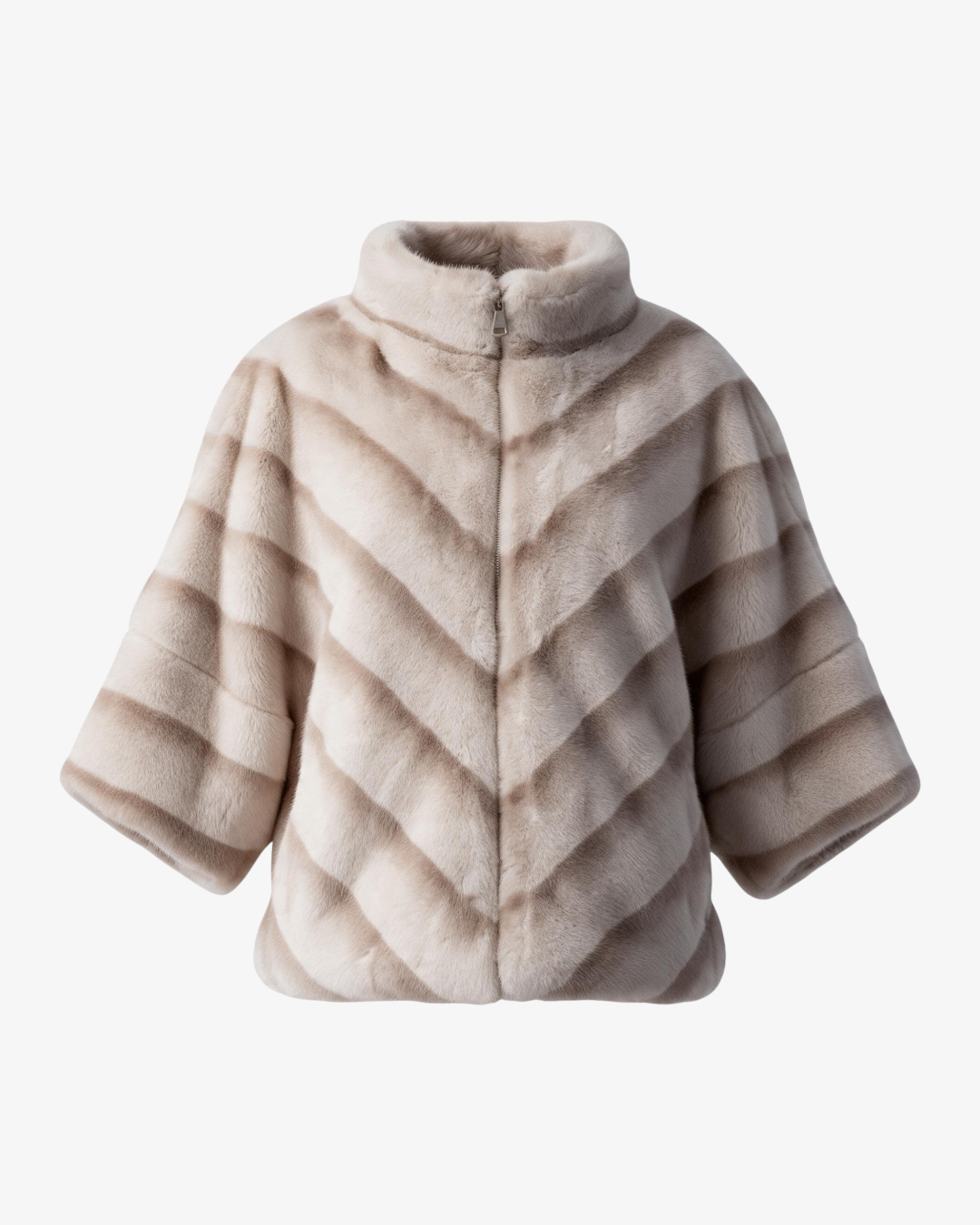 Veste en fourrure HELLES Ilona beige à motif chevron avec col montant et manches trois-quarts