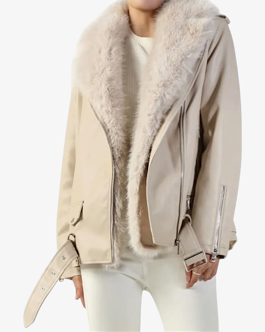 Veste Oslo HELLES beige en similicuir avec col et doublure en fausse fourrure douce et fermeture zippée asymétrique