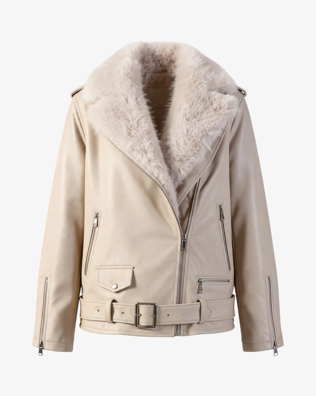 Veste Oslo HELLES beige en similicuir avec col en fausse fourrure, fermeture éclair asymétrique et ceinture