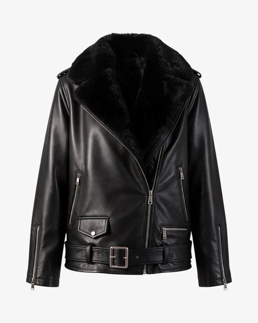 Veste Oslo HELLES en cuir noir avec col en fausse fourrure, fermeture éclair asymétrique et ceinture ajustable