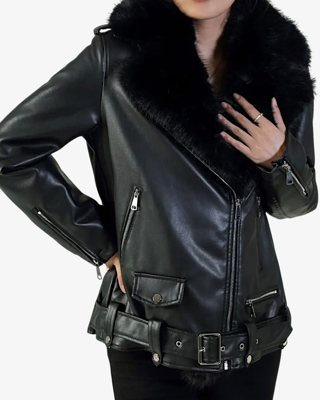 Veste Oslo HELLES noire en similicuir avec col en fausse fourrure, fermeture éclair et ceinture ajustable
