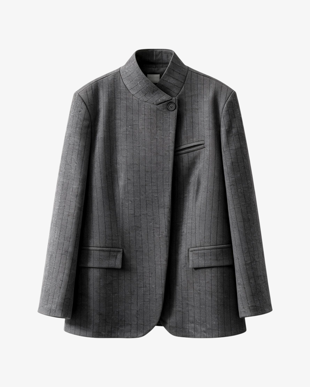 Veste en tweed gris HELLES à rayures verticales, col montant et fermeture asymétrique à bouton unique