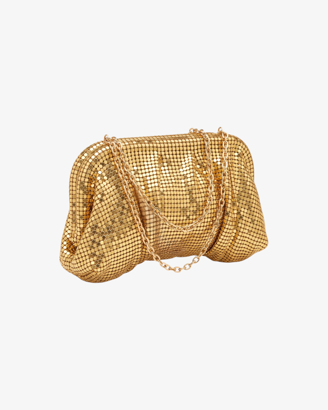 Pochette HELLES en cotte de maille dorée avec forme arrondie, fermoir rétro et bandoulière chaîne amovible
